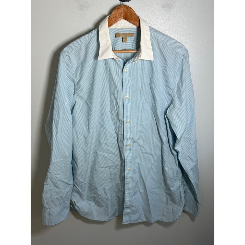Banana Republic Heritage Mens L Blue White Stripe Contrast Collar Dress Shirt
